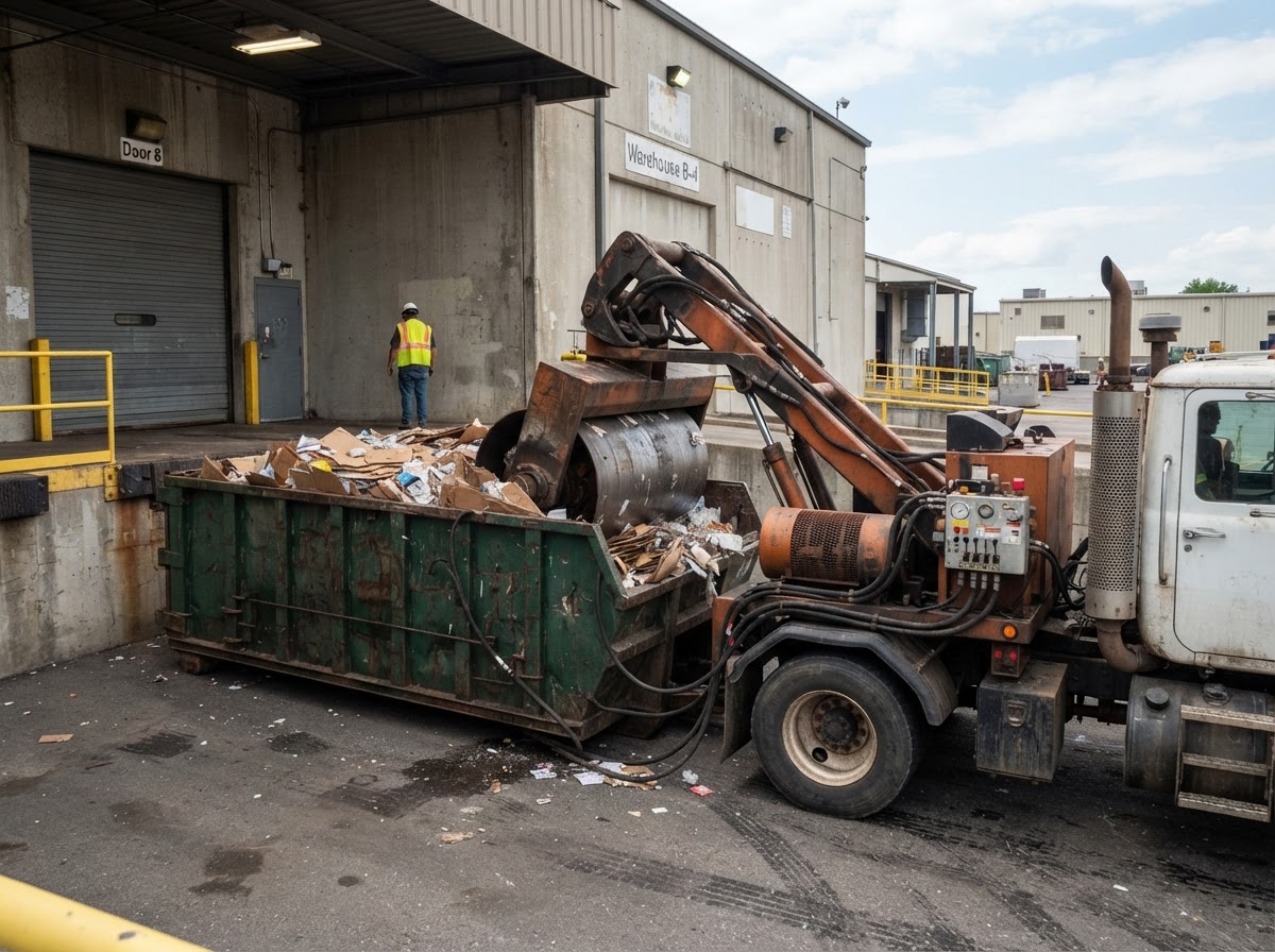 Self-contained mobile compaction truck working a roll-off container at an industrial facility dock