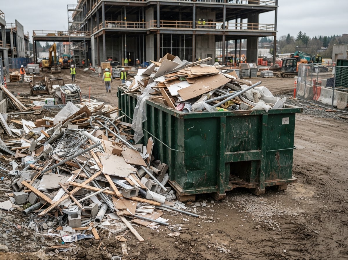 Debris piled on the ground beside a roll-off container that was never swapped
