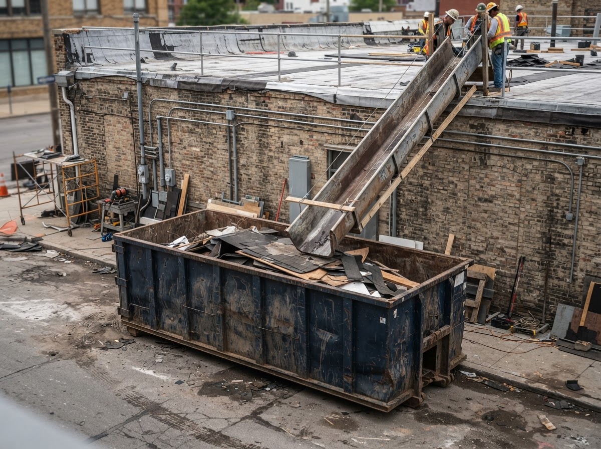 A roll-off container positioned at the chute landing zone below a roof edge