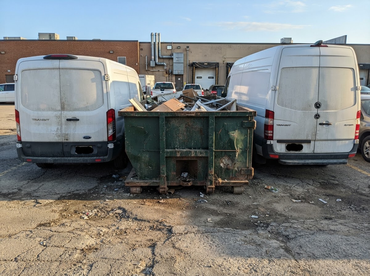 A 20-yard roll-off dumpster container wedged between parked delivery vans on a small commercial lot
