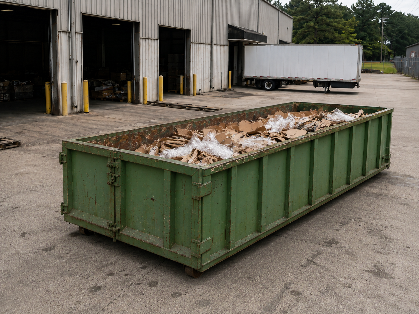 Roll-off container placed at a warehouse loading dock on an industrial corridor in South Macon