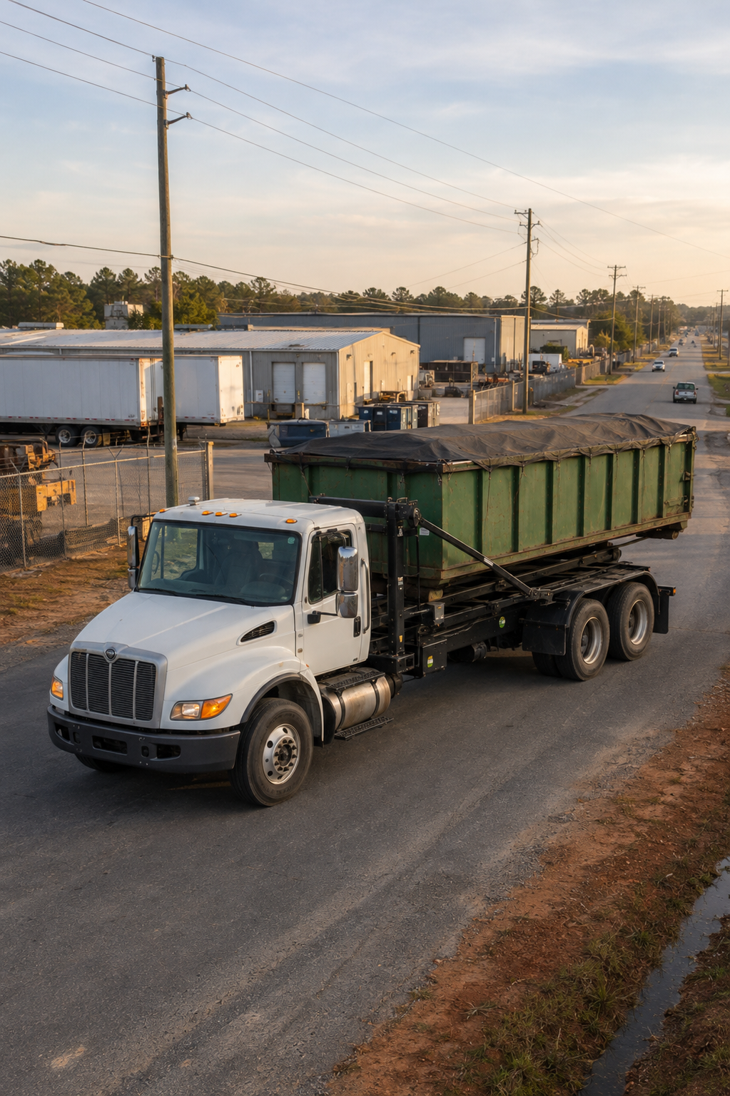Route truck pulling out of a waste management yard at start of day in South Macon