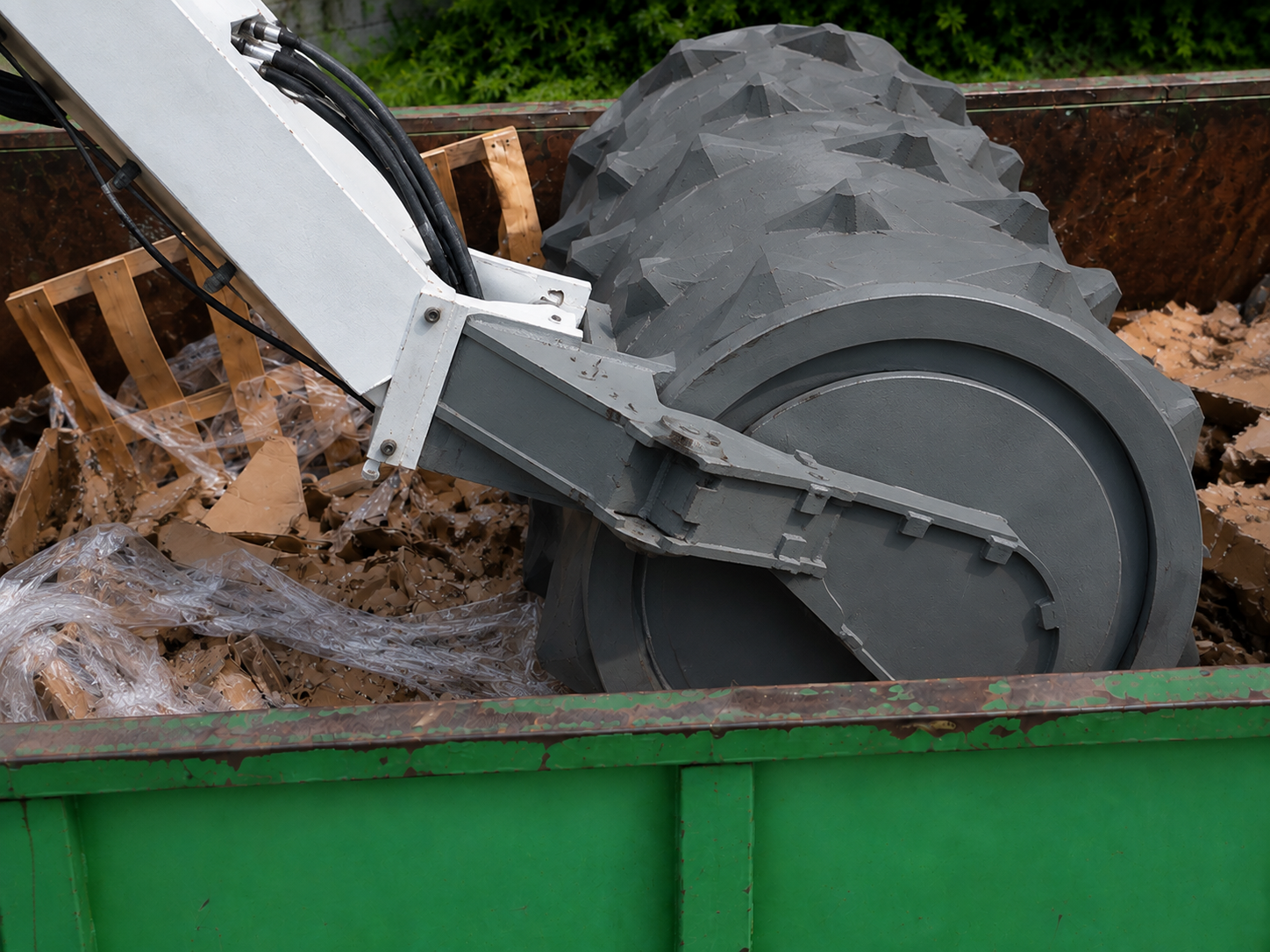 Compaction drum pressing a mixed packaging load, shot from the container rim