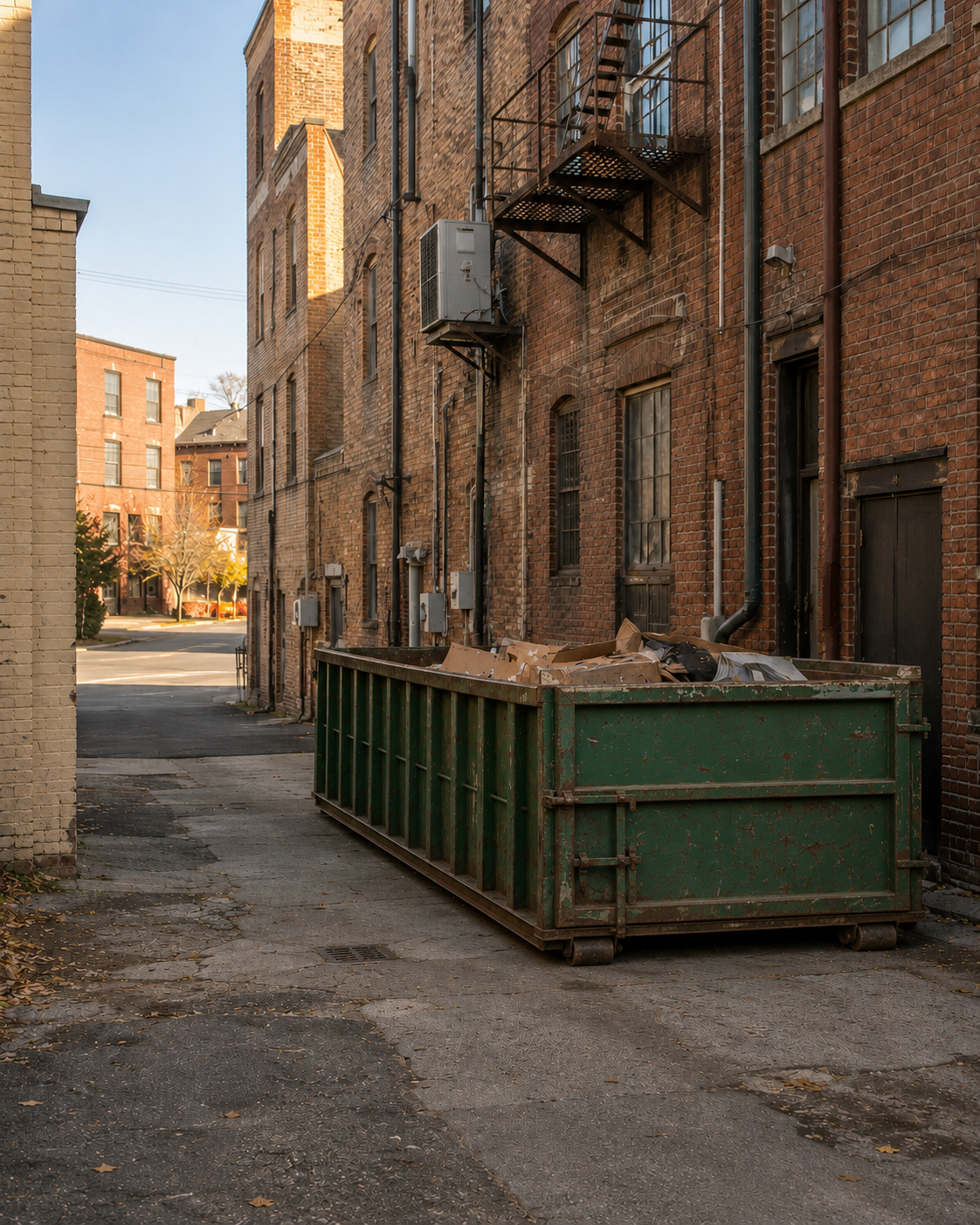 Narrow service lane behind older brick commercial buildings at dawn with a roll-off container tucked tight