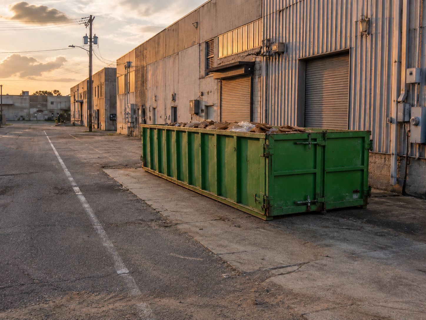 Light-industrial corridor buildings in early morning light with a roll-off container on a side pad