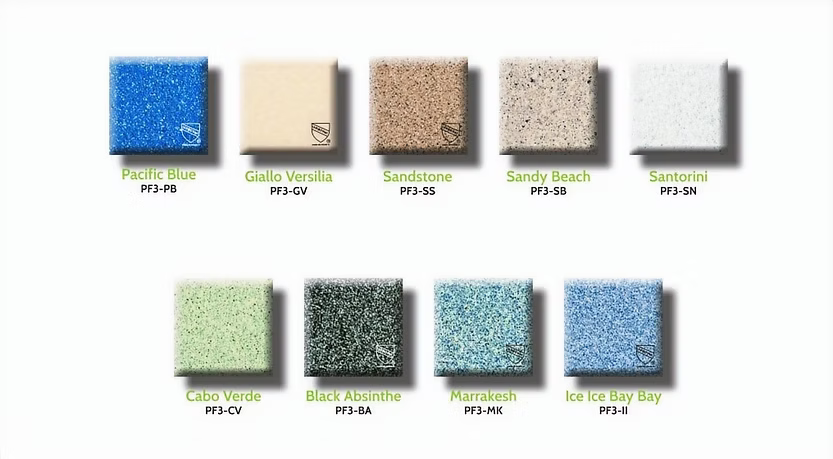 EcoFinish color swatch chart showing all 9 available colors: Pacific Blue PF3-PB, Giallo Versilia PF3-GV, Sandstone PF3-SS, Sandy Beach PF3-SB, Santorini PF3-SN, Cabo Verde PF3-CV, Black Absinthe PF3-BA, Marrakesh PF3-MK, Ice Ice Bay Bay PF3-II