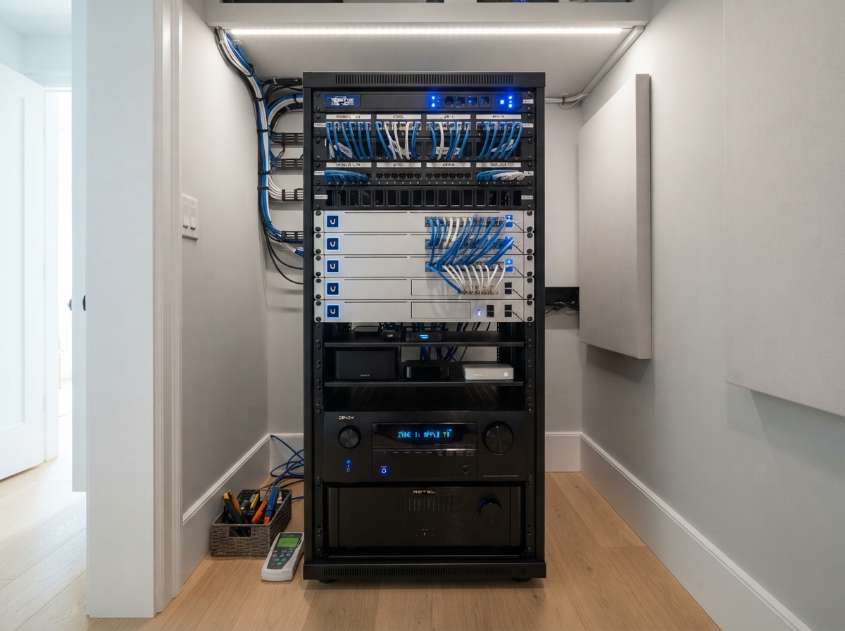Neatly organized home equipment rack with labeled cables
