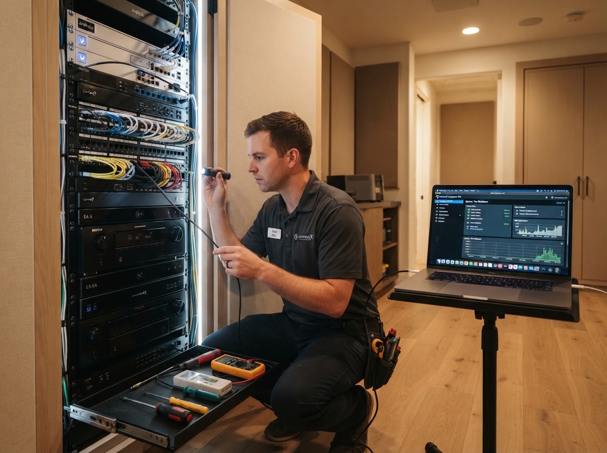 Technician actively diagnosing an existing equipment rack in a luxury residence, laptop open showing system-management software