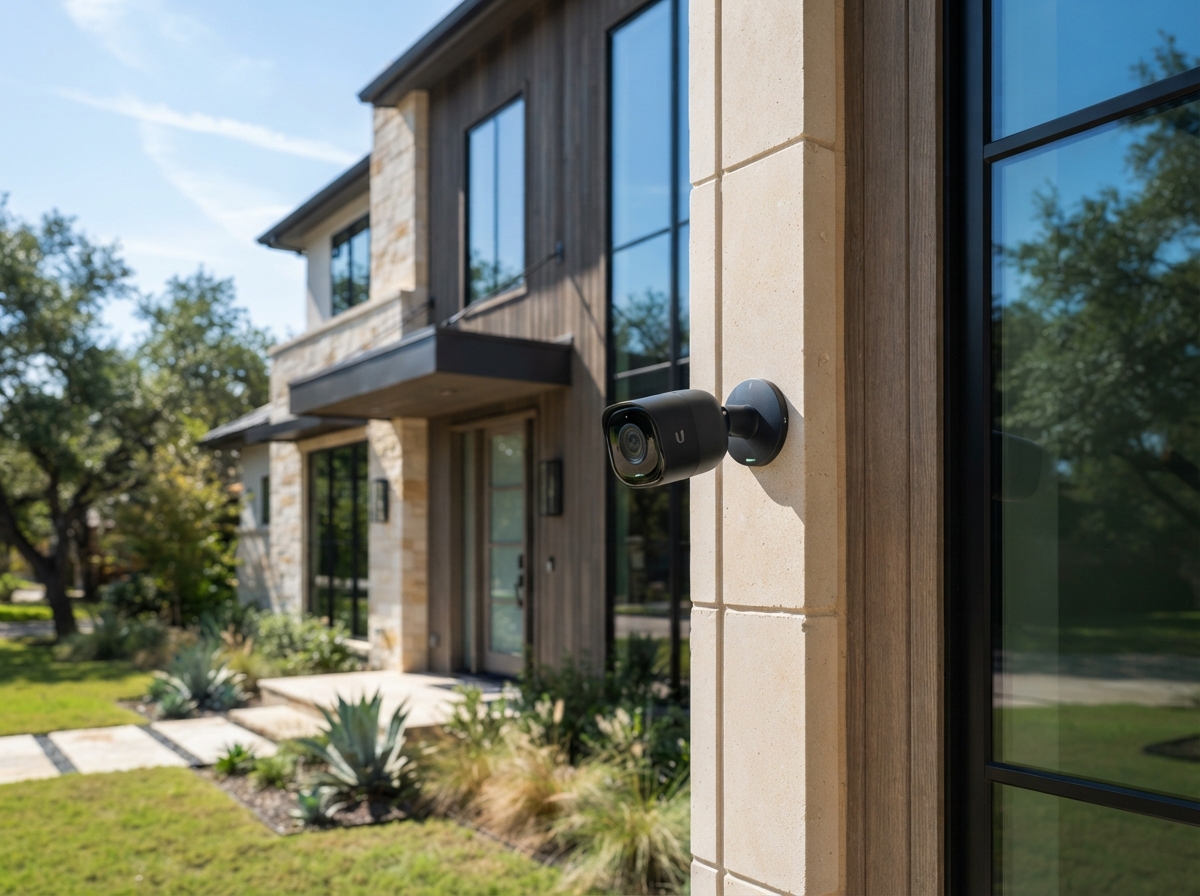 Security camera mounted on a luxury home exterior