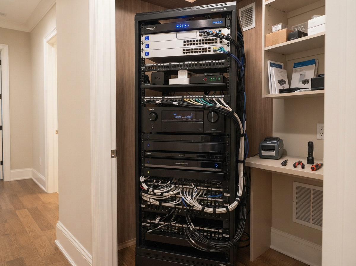 Realistic professionally serviced residential equipment rack with a mix of older and newer smart-home components