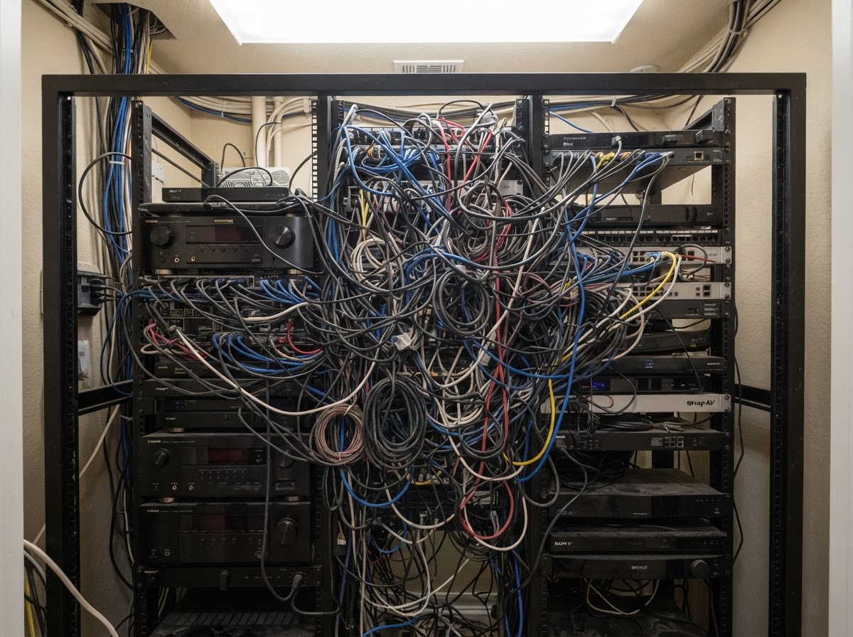 Back of a messy residential equipment rack with tangled, disorganized wiring