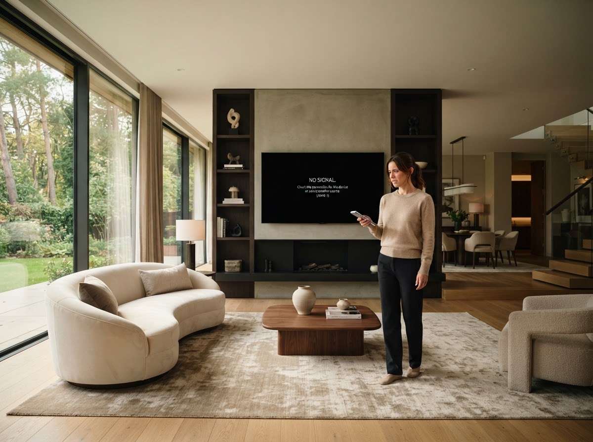 Person holding a remote in a luxury living room facing a wall-mounted TV showing No Signal