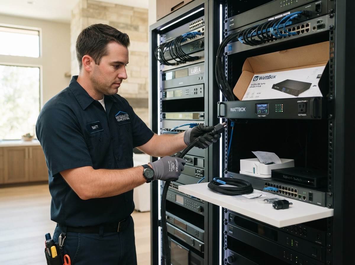 Technician installing a WattBox power supply into a professional equipment rack