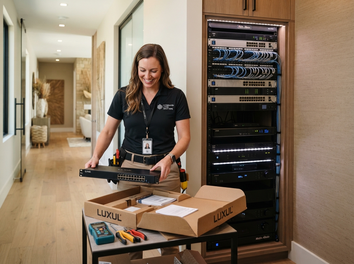 Technician unboxing new network equipment beside an organized equipment rack