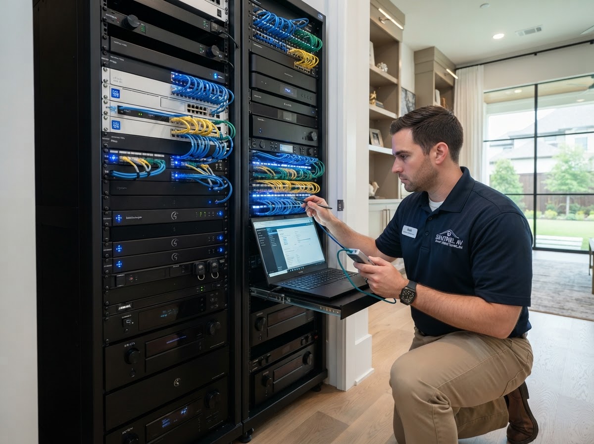 Technician diagnosing an existing smart-home equipment rack