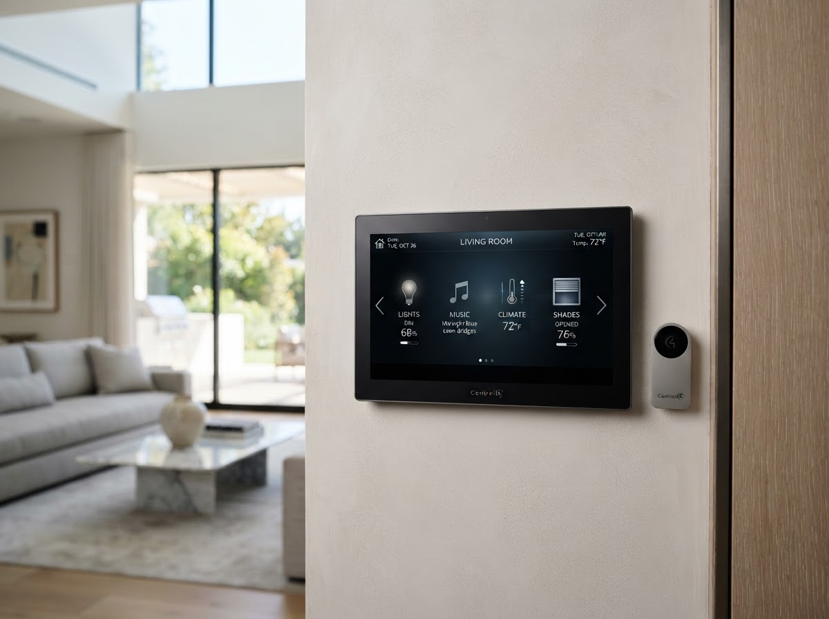 Control4 controller and wall touch panel in a luxury home