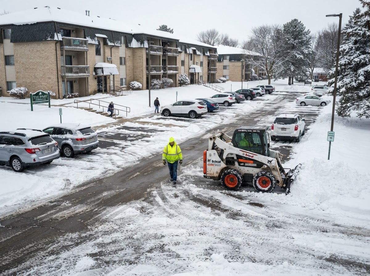 Snow removal service clearing an apartment community parking lot in Green Bay Wisconsin