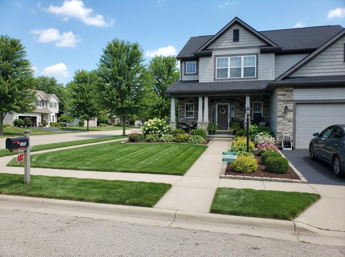 Residential lawn care in Appleton Wisconsin with neatly mowed suburban yard