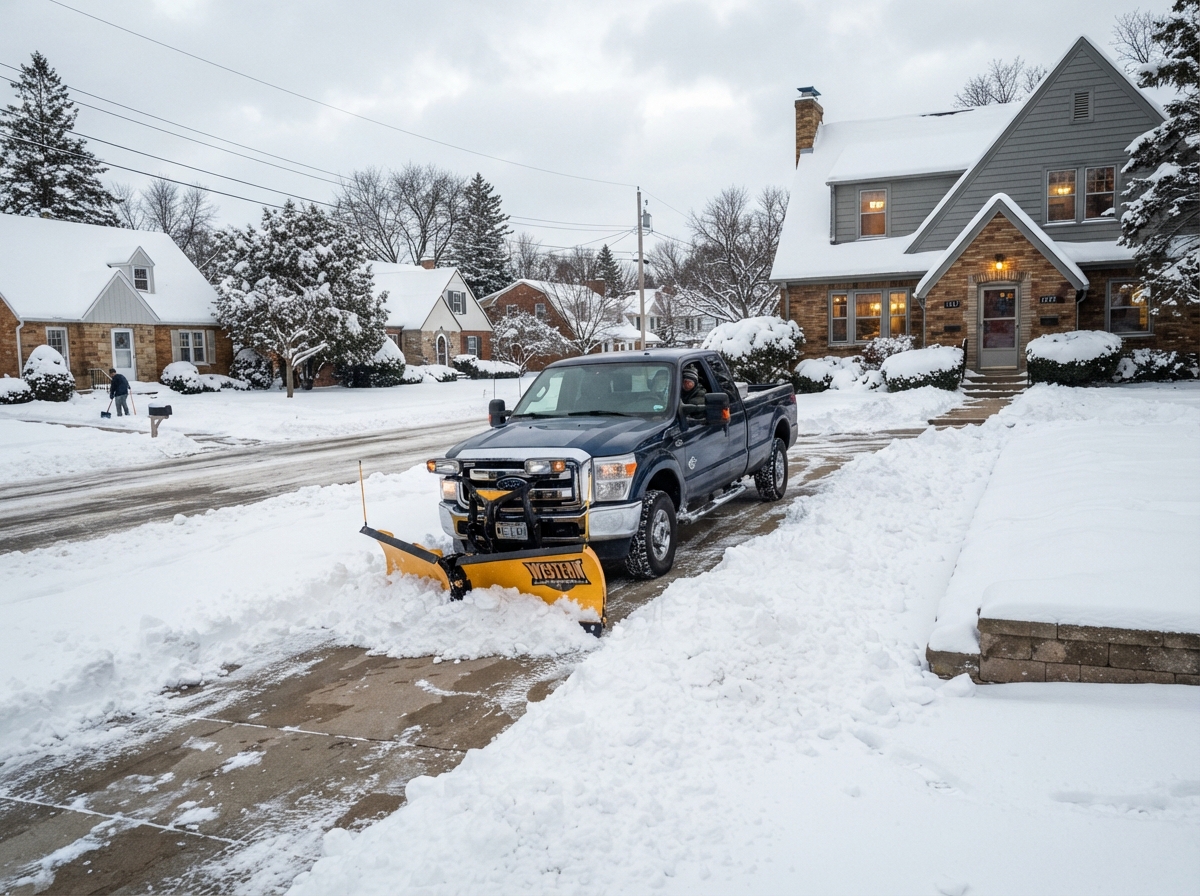 Residential driveway being plowed after heavy snowfall in Green Bay Wisconsin