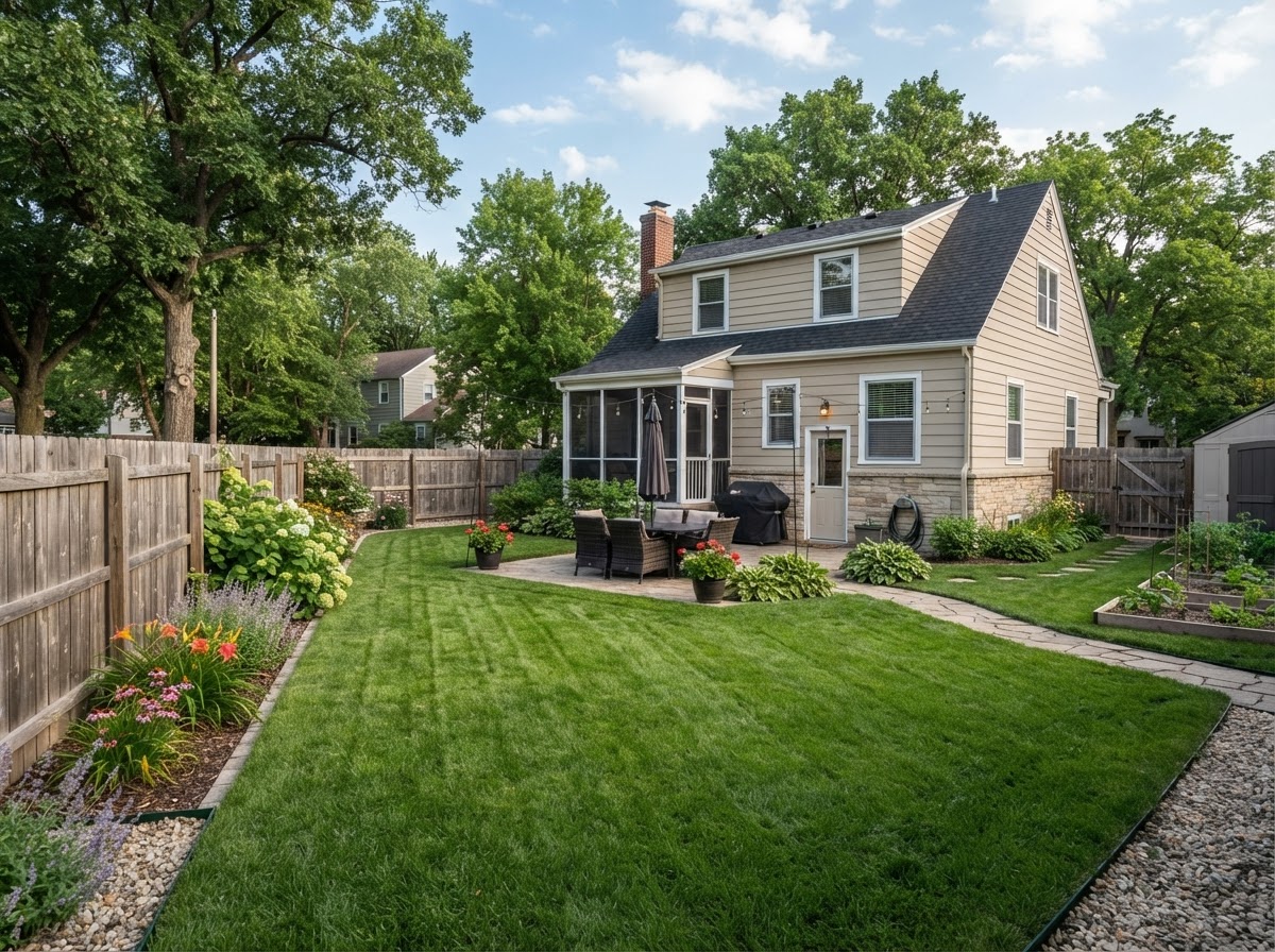 Clean well-maintained residential backyard in Green Bay Wisconsin with freshly mowed lawn
