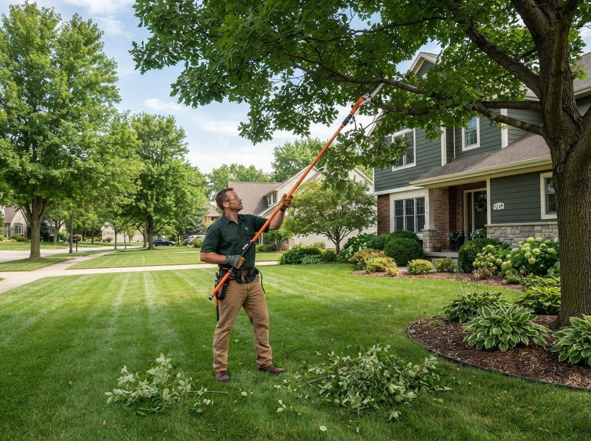 Light tree trimming from the ground at a residential property in Green Bay Wisconsin