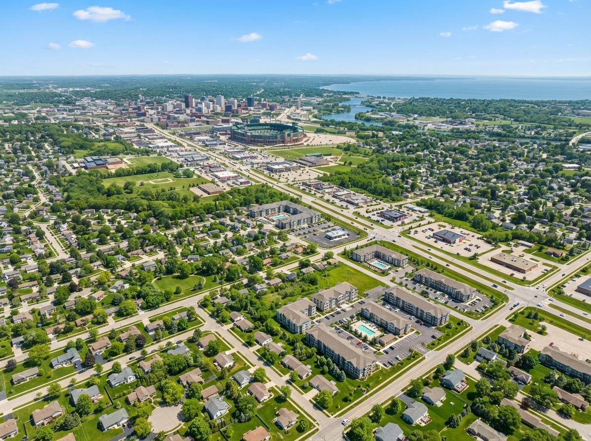 Aerial view of suburban communities near Green Bay Wisconsin with well-maintained lawns