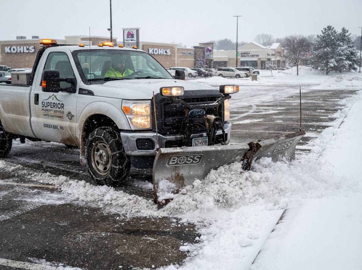 Pickup truck with snow plow clearing a commercial parking lot in Green Bay Wisconsin
