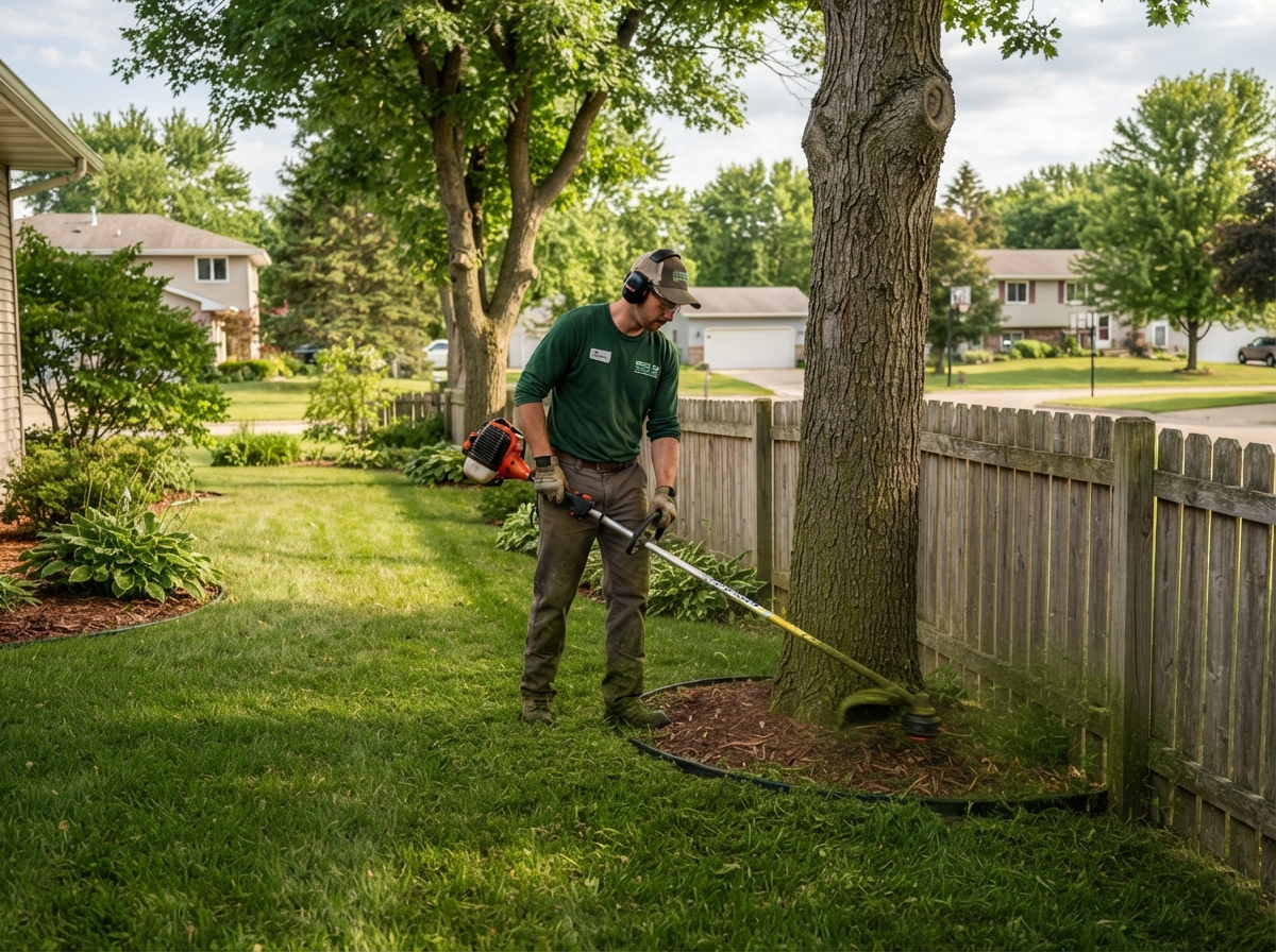 String trimming around trees and fence in a Green Bay Wisconsin residential yard