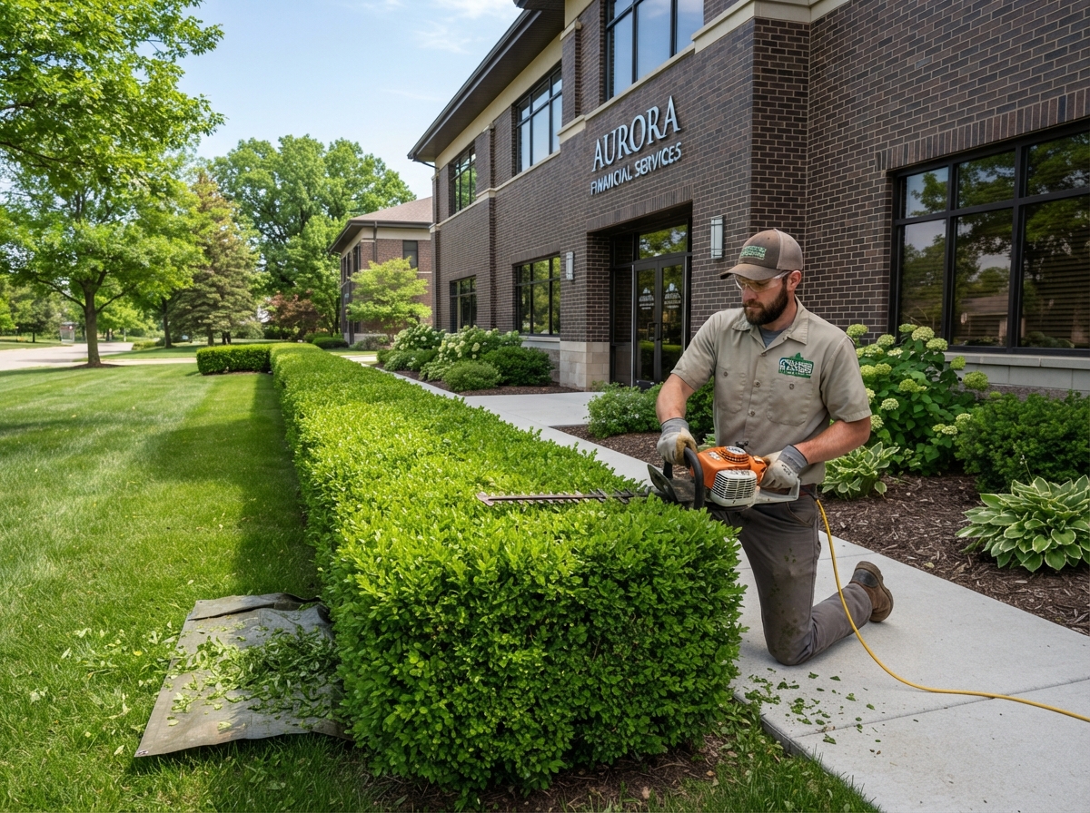 Professional hedge and shrub trimming at commercial property
