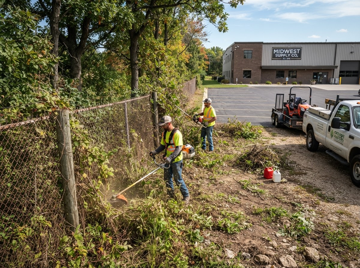 Brush cutting and overgrowth cleanup along a fence line at a commercial property in Wisconsin