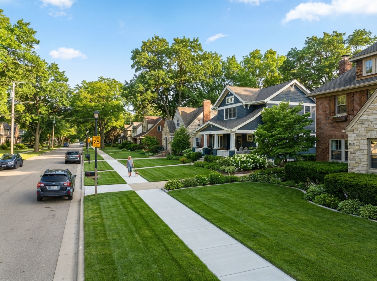 Well-maintained residential neighborhood in De Pere Wisconsin with freshly mowed lawns