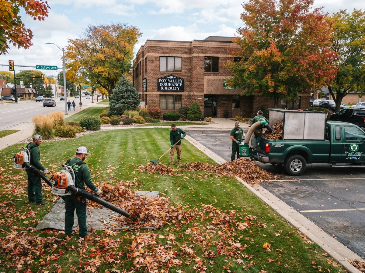 Fall seasonal property cleanup in Appleton Wisconsin with leaves being cleared from a commercial lawn