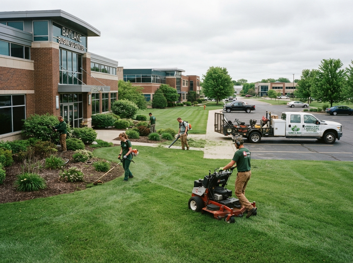Commercial grounds maintenance crew working on a professional property in Green Bay Wisconsin