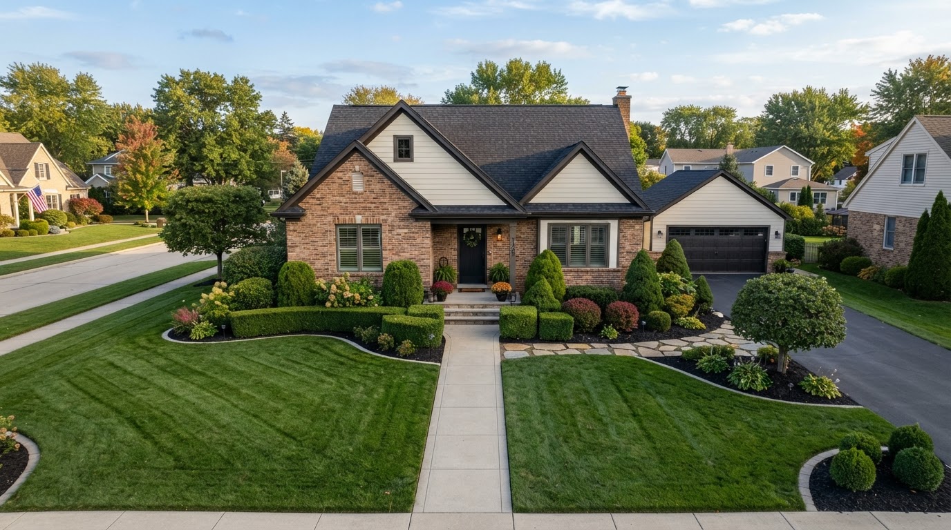 Well-maintained residential property with neatly trimmed hedges and shaped shrubs in Green Bay Wisconsin