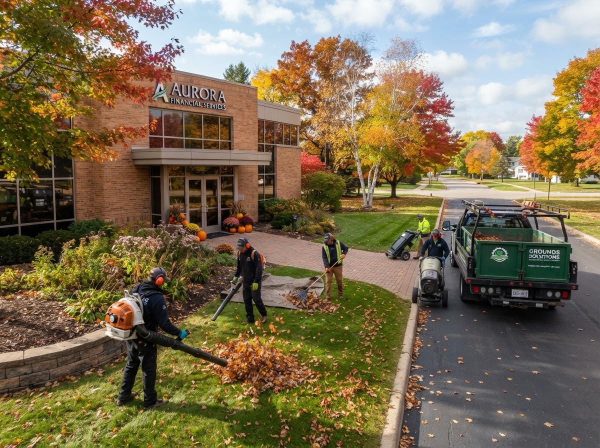 Fall seasonal property cleanup clearing leaves at commercial building