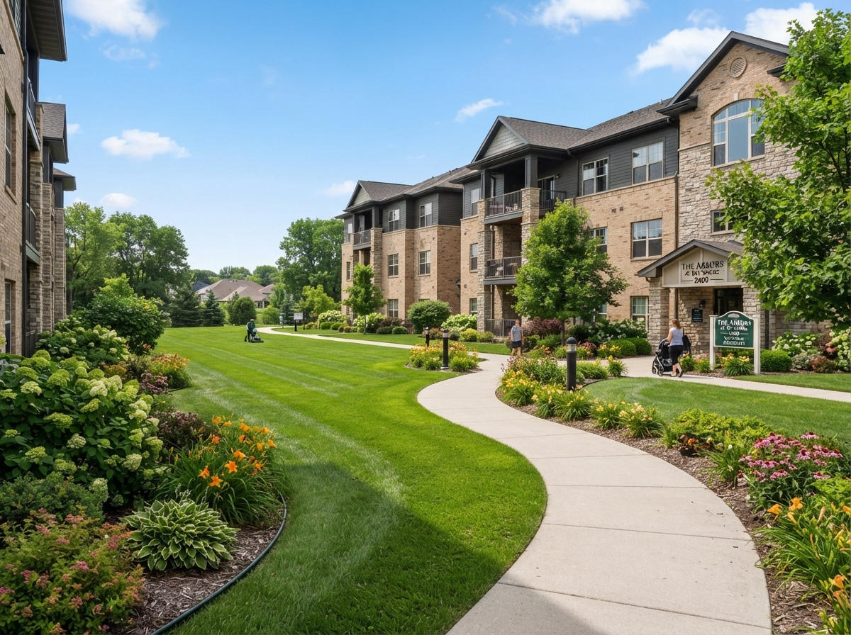 Well-maintained apartment complex grounds with neatly mowed lawn and clean walkways