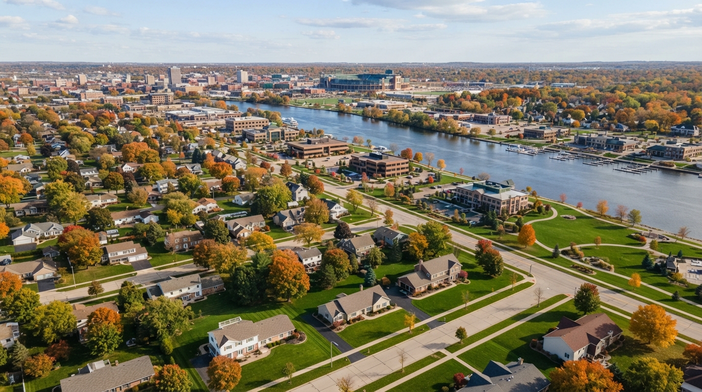 Aerial view of Green Bay Wisconsin with well-maintained lawns and commercial properties