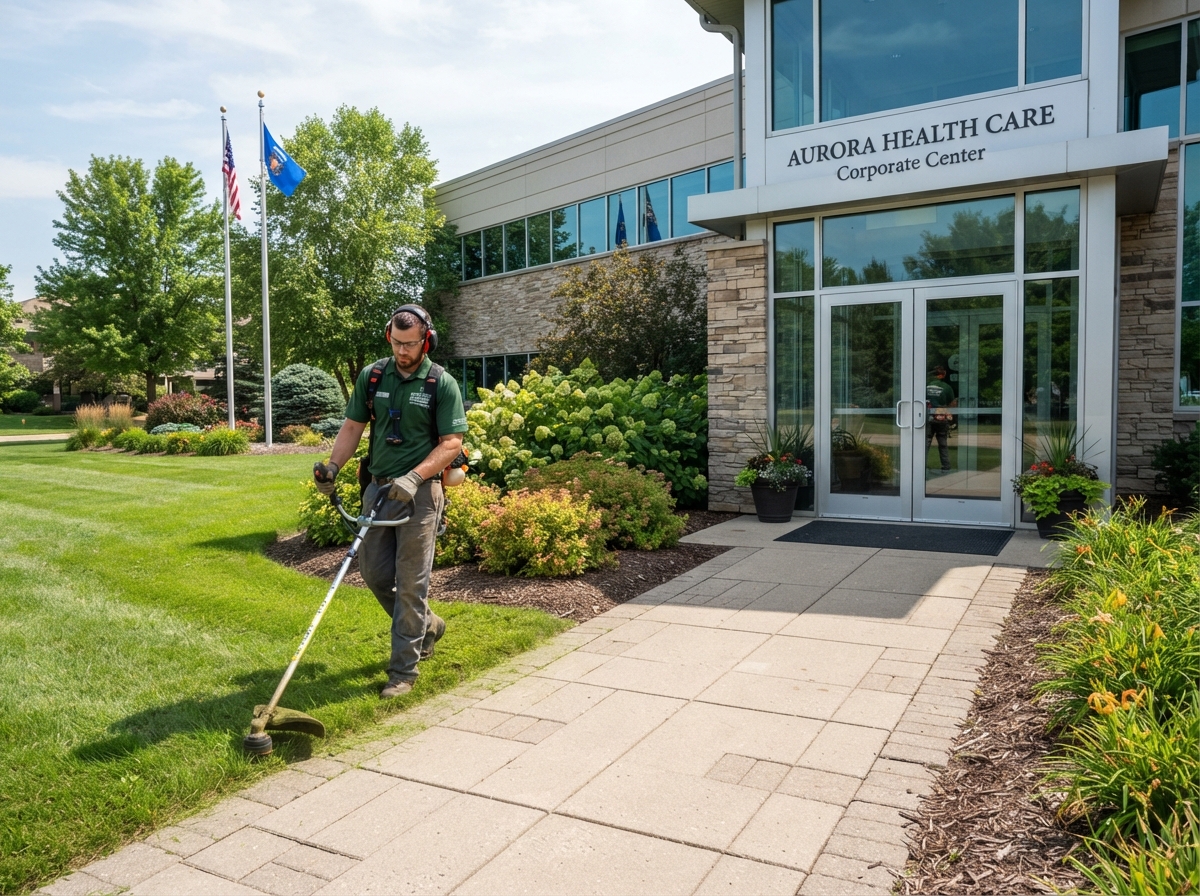String trimming and edging around a commercial building entrance in Green Bay