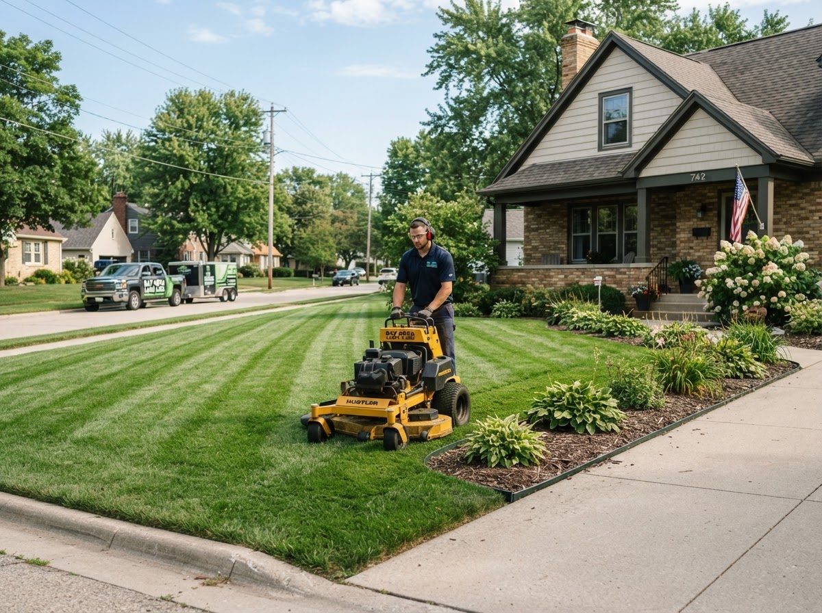 Residential lawn care professional mowing a suburban home lawn in Green Bay Wisconsin