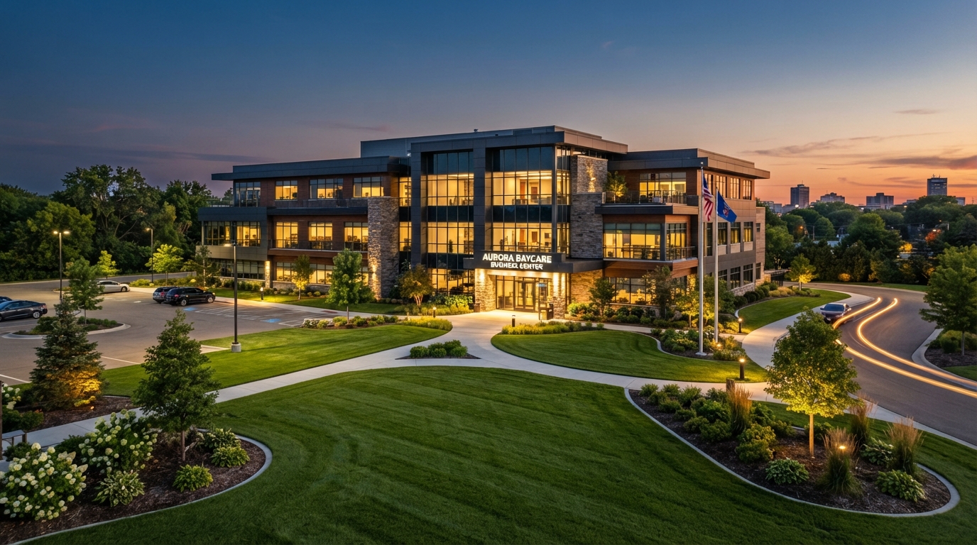 Commercial property at dusk with professionally maintained grounds and landscape lighting