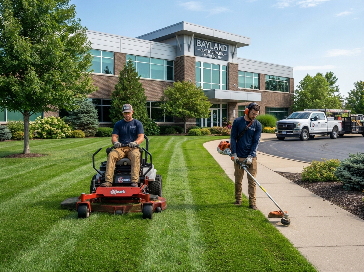 Professional lawn care crew maintaining a commercial property in Green Bay Wisconsin