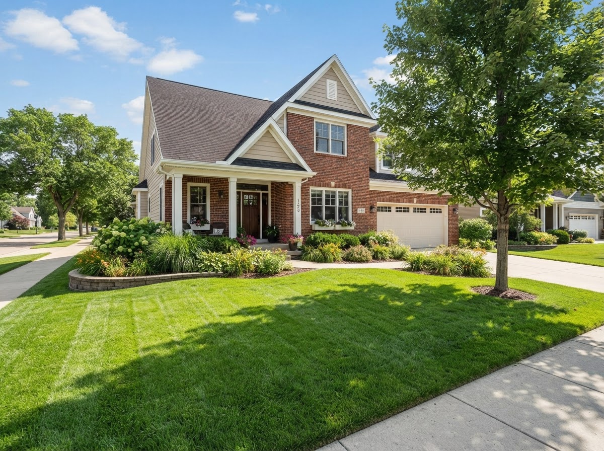 Beautifully maintained residential home in Green Bay Wisconsin with freshly mowed lawn