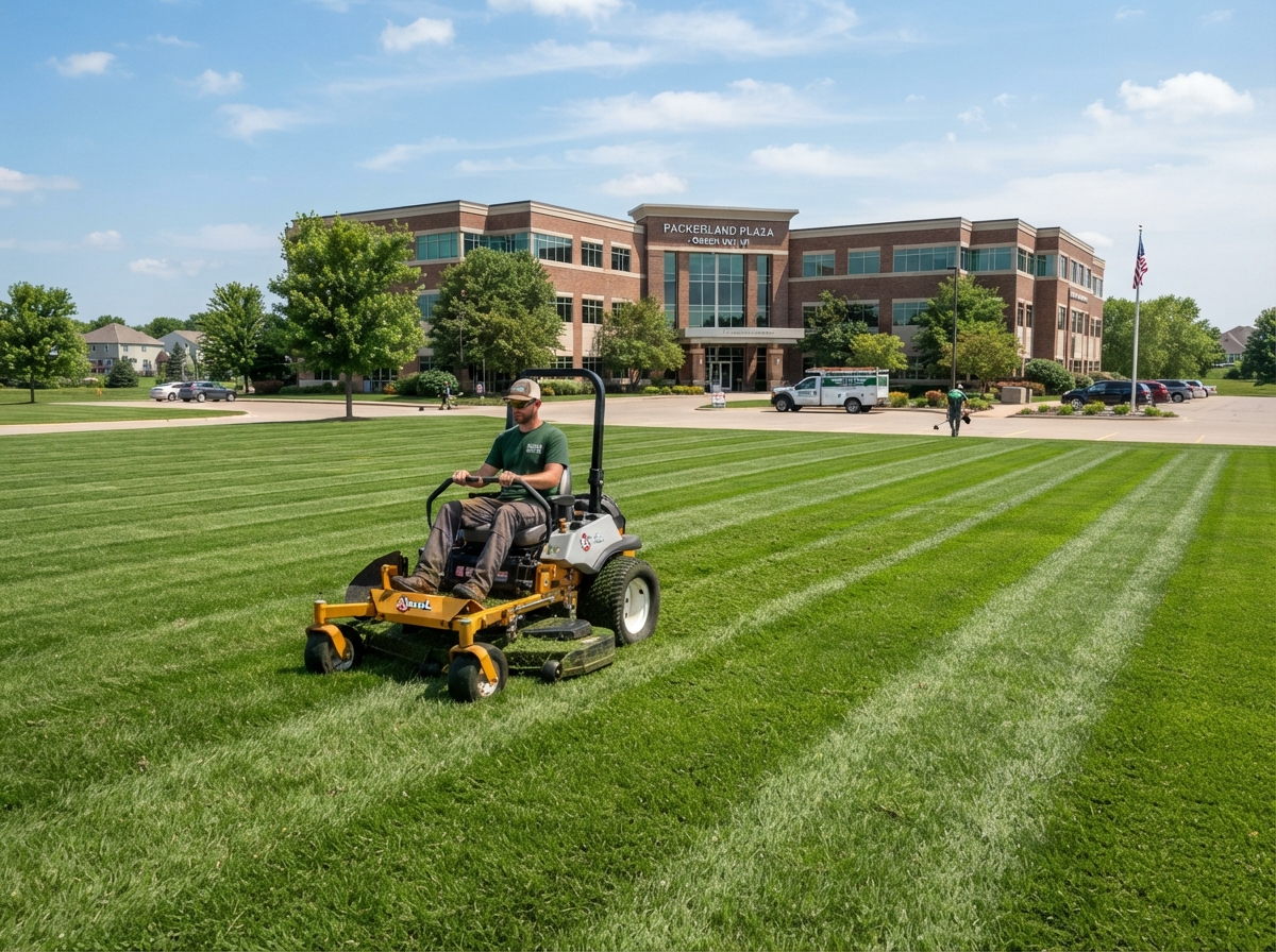 Professional lawn care crew mowing a commercial property in Green Bay Wisconsin with clean mowing lines