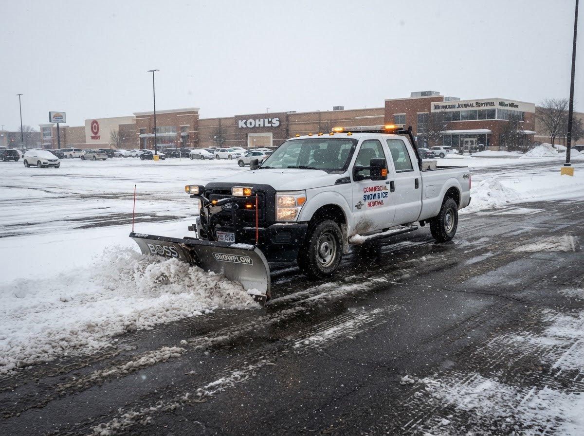 Pickup truck with snow plow clearing a commercial parking lot in Wisconsin winter