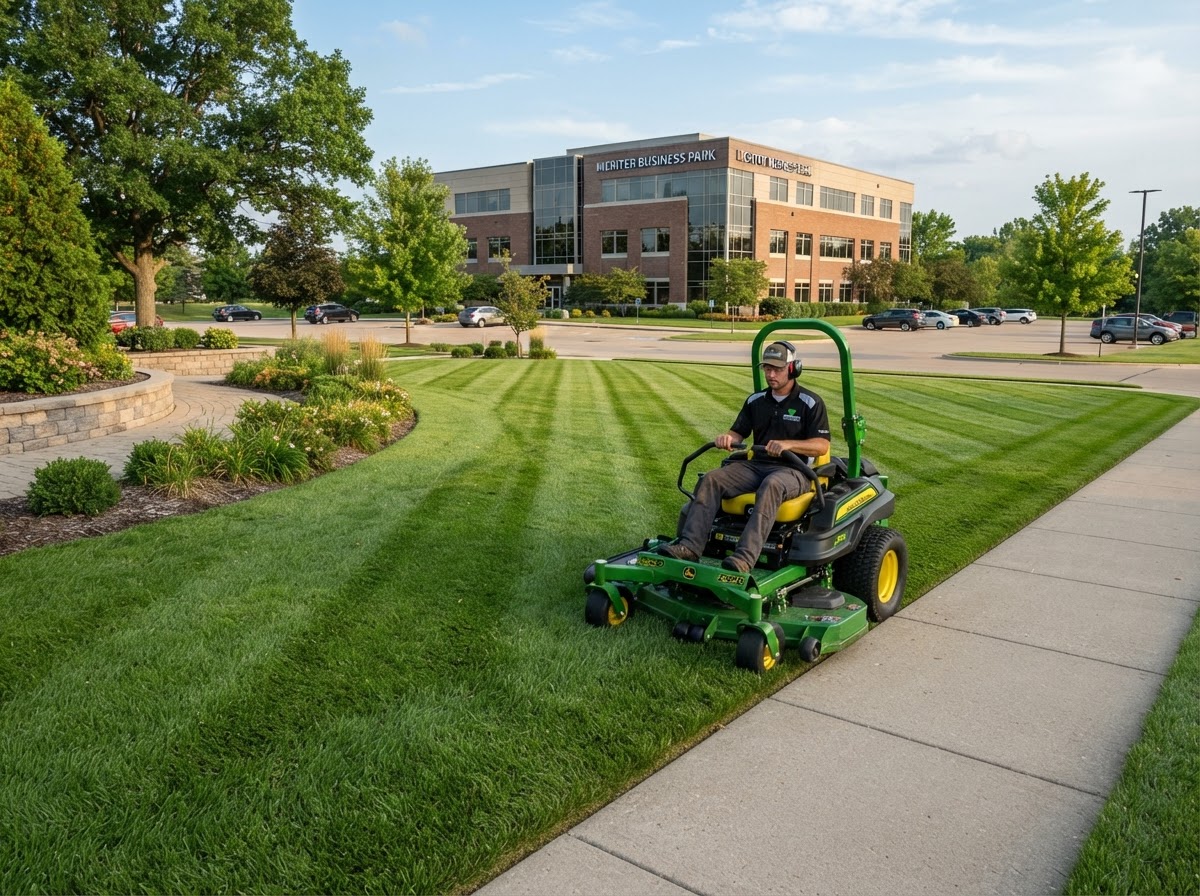 Commercial lawn mowing service with clean mowing lines