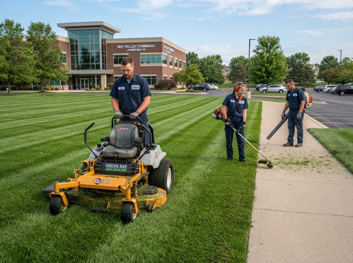 Commercial lawn mowing service with clean mowing lines at an office property