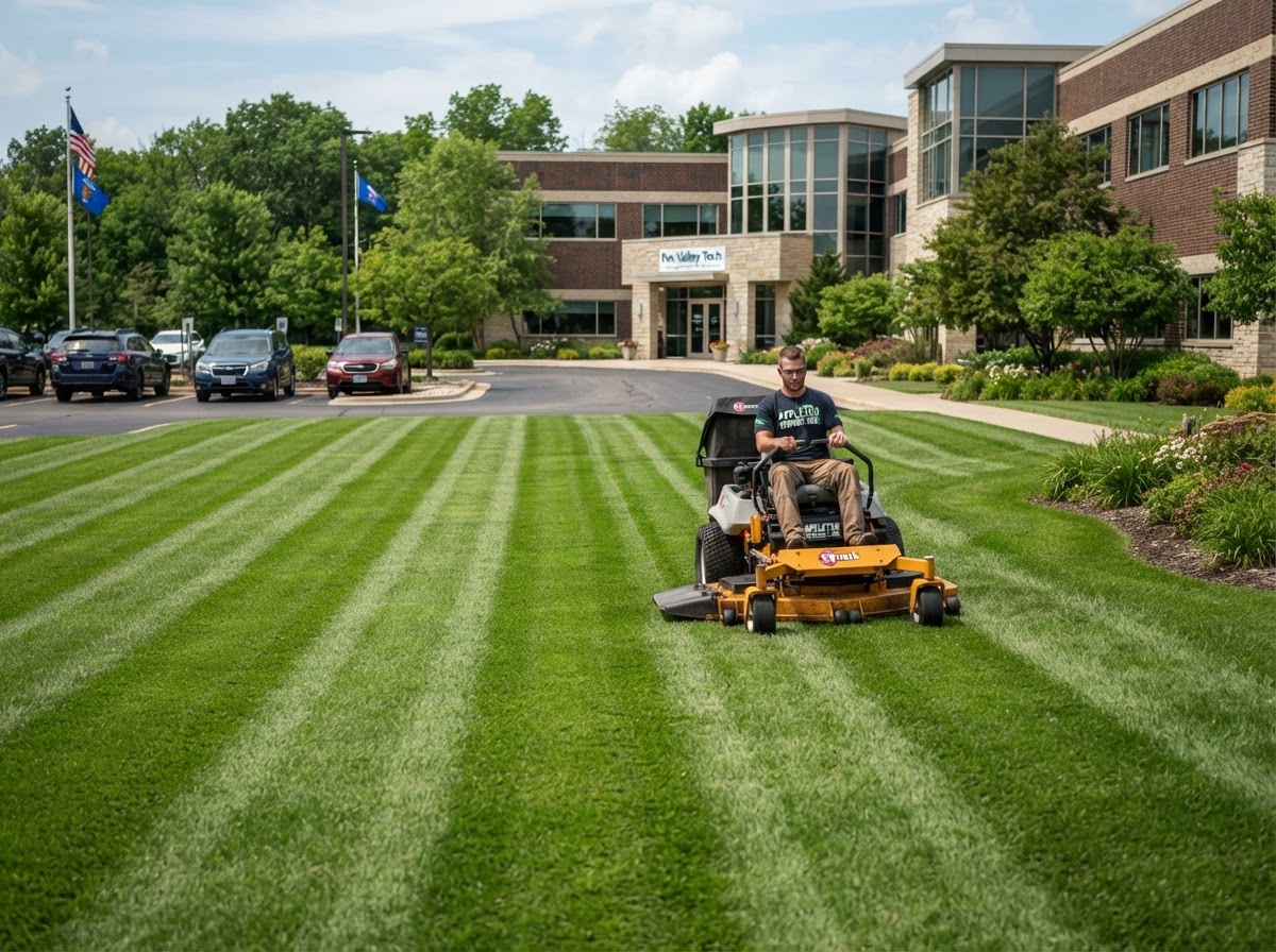 Commercial lawn mowing at an office park in Appleton Wisconsin with clean stripes