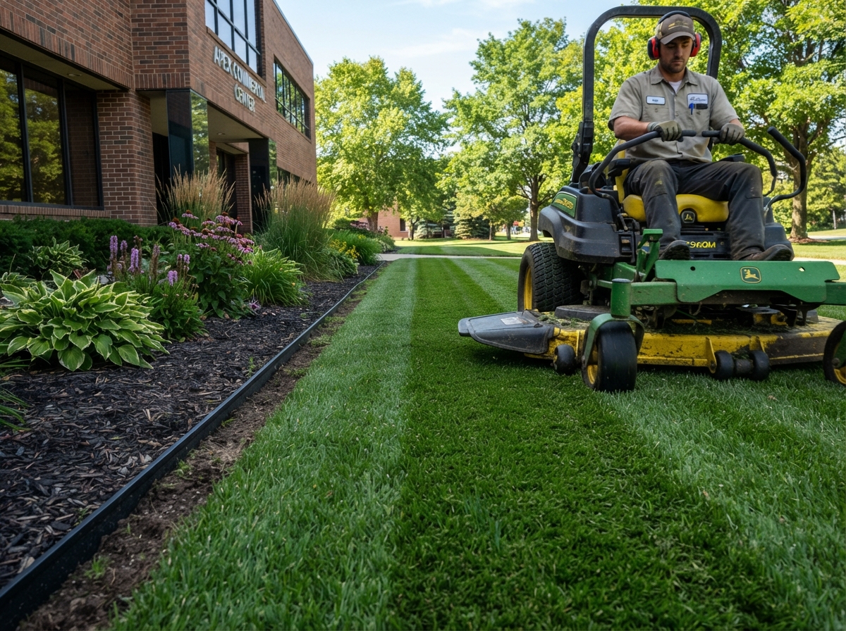 Professional commercial lawn mowing with clean cut lines at a Green Bay business property