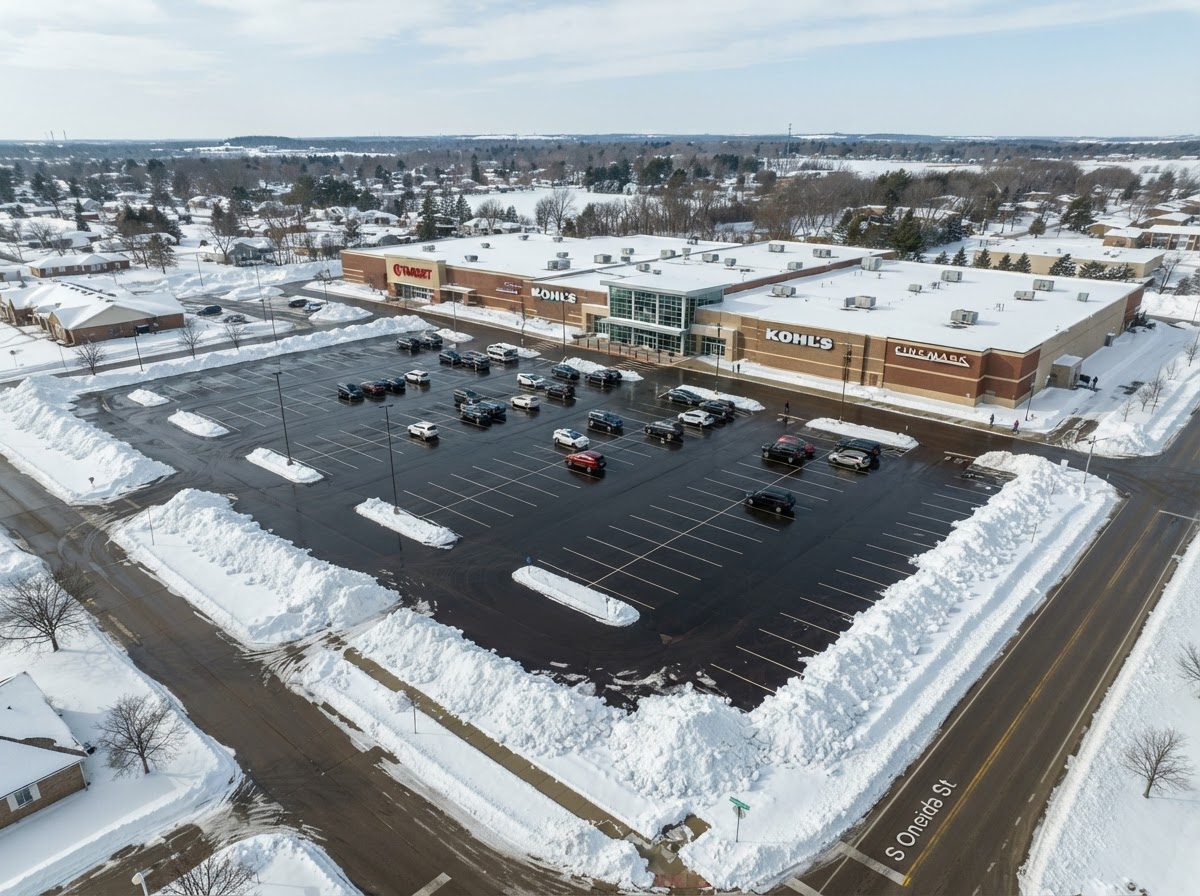 Aerial view of a commercial parking lot in Green Bay Wisconsin after professional snow removal
