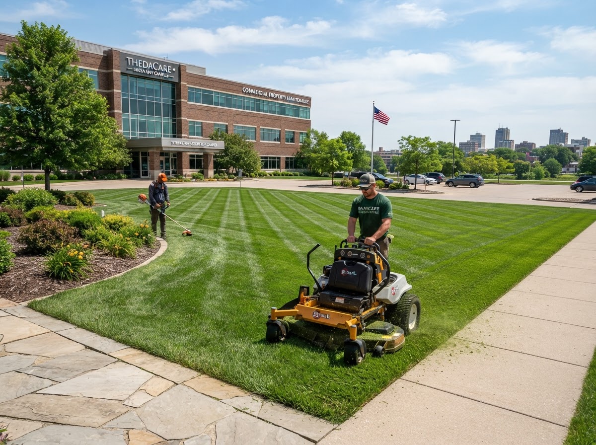 Professional lawn care crew mowing a commercial property in Green Bay Wisconsin